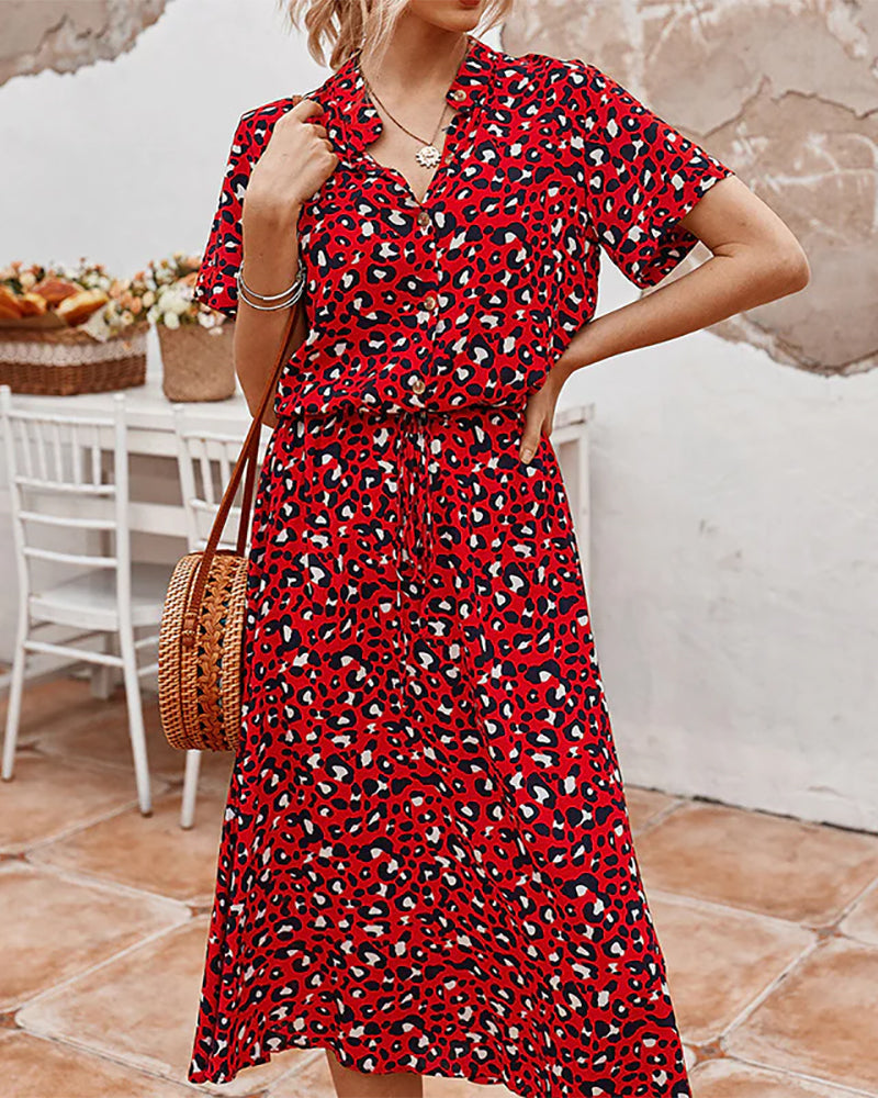 Short sleeve women's tunic vintage midi dress