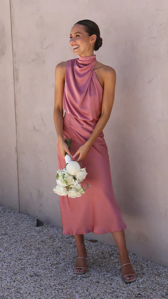 Women's Sleeveless Satin Dress with Halter Neck