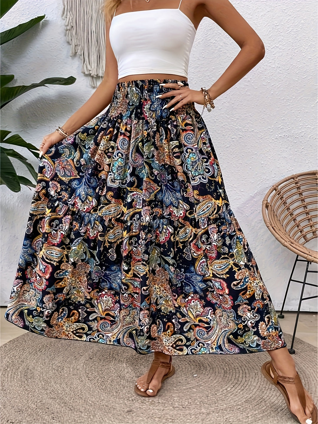 Casual paisley print skirt with gathered waist