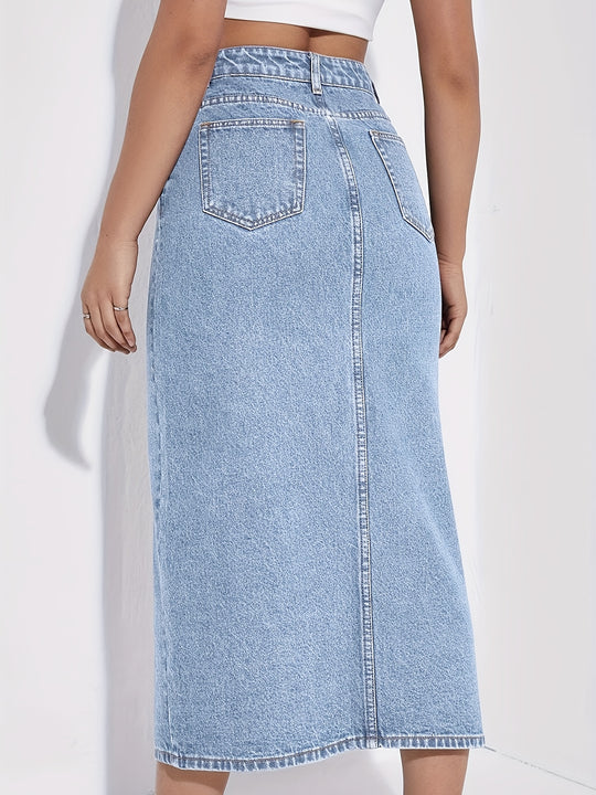 Women's Denim Midi Skirt with Split Front