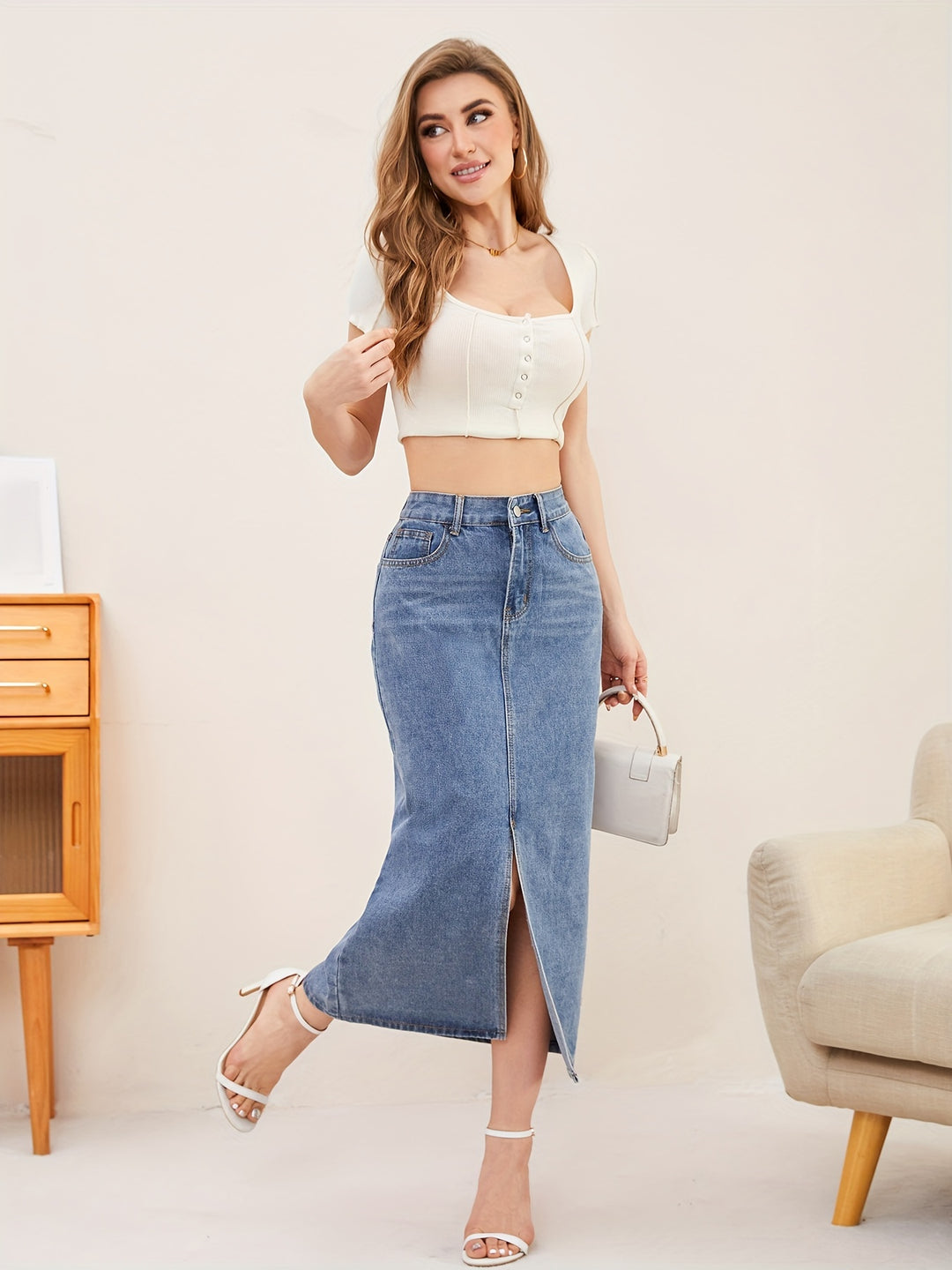 Women's Denim Midi Skirt with Split Front