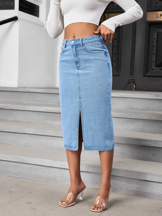 Blue denim midi skirt with slanted pockets