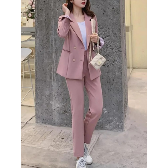 Pink Blue Black Blazer and Pants in Office Style