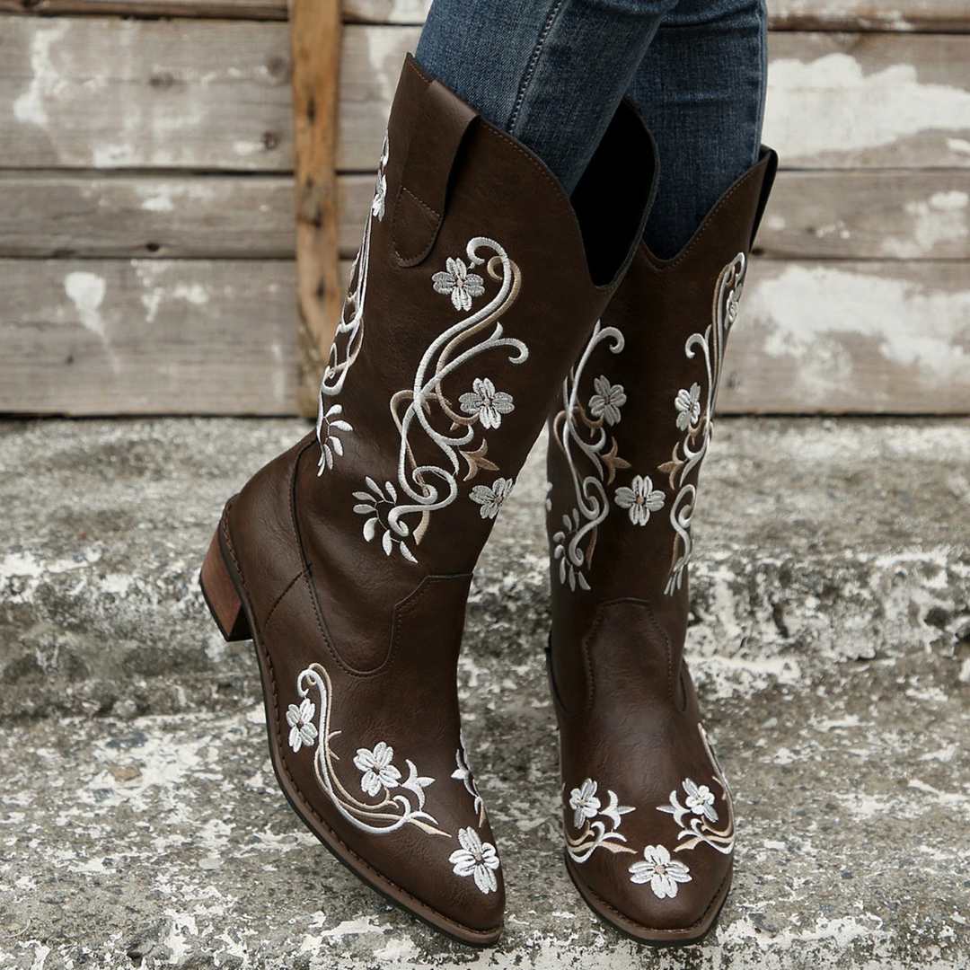 Floral embroidered leather women's boots