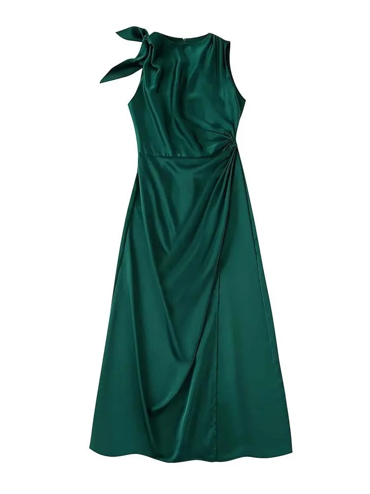 Green Satin Ruffle Dress for Women