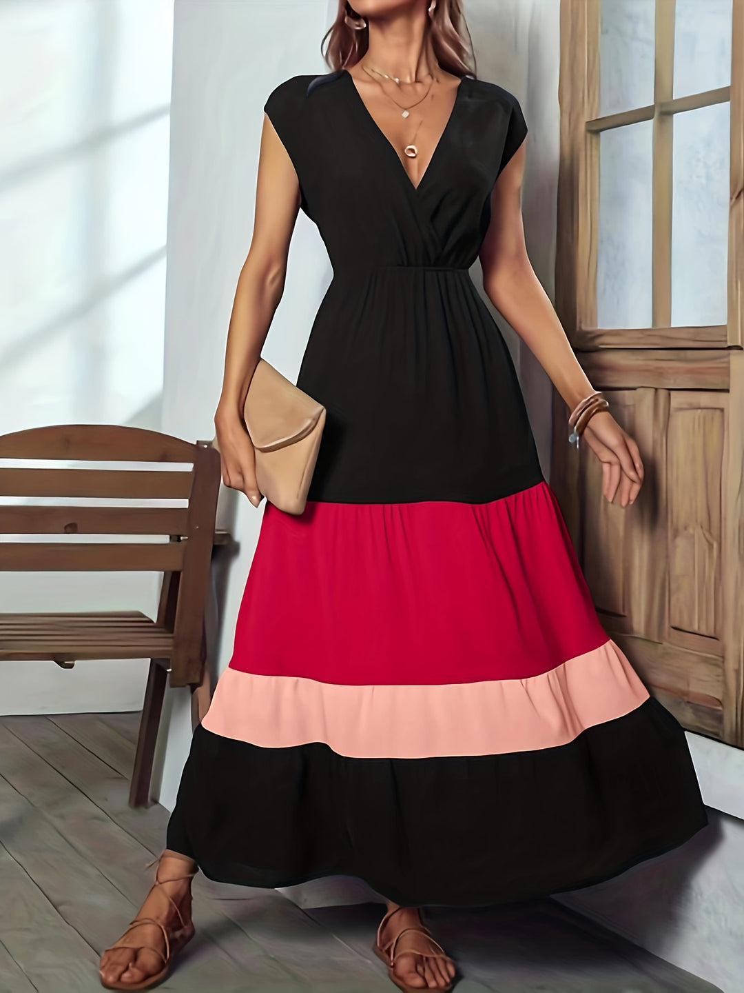 Elegant color block maxi dress with wrap neckline