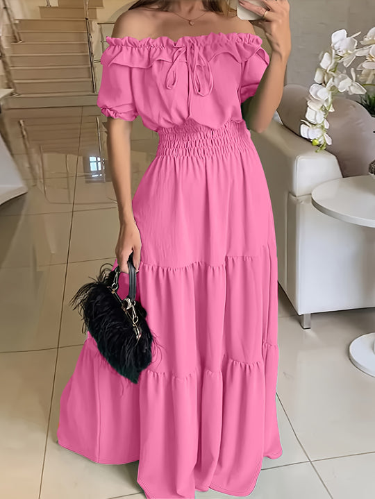 Elegant off-the-shoulder maxi dress with ruffle trim