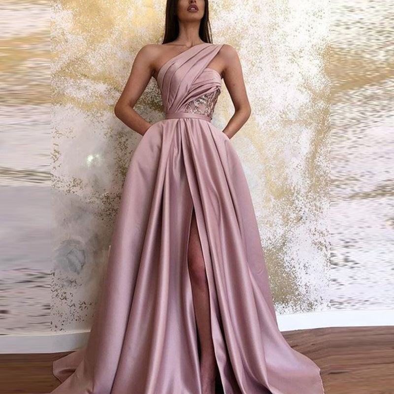 one-shoulder satin evening dress