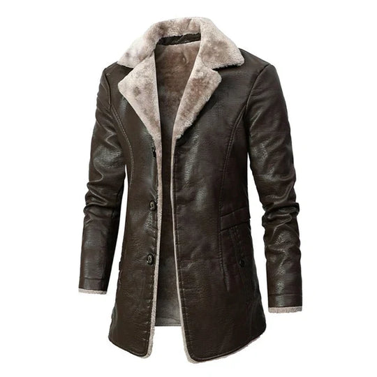 Thick warm long leather coat for men