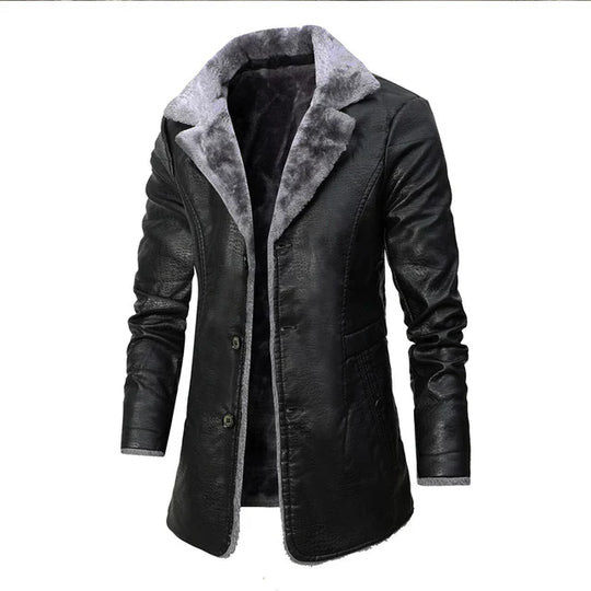 Thick warm long leather coat for men