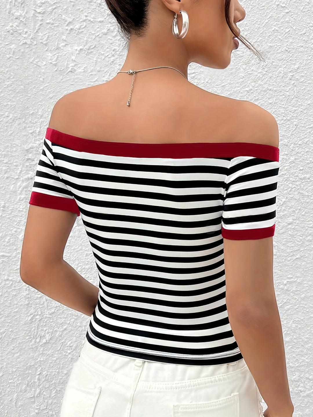 Striped Off-Shoulder T-Shirt with Print