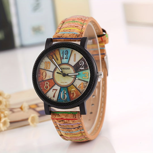 Fashion Flower Dial Wood Grain Ladies Watch