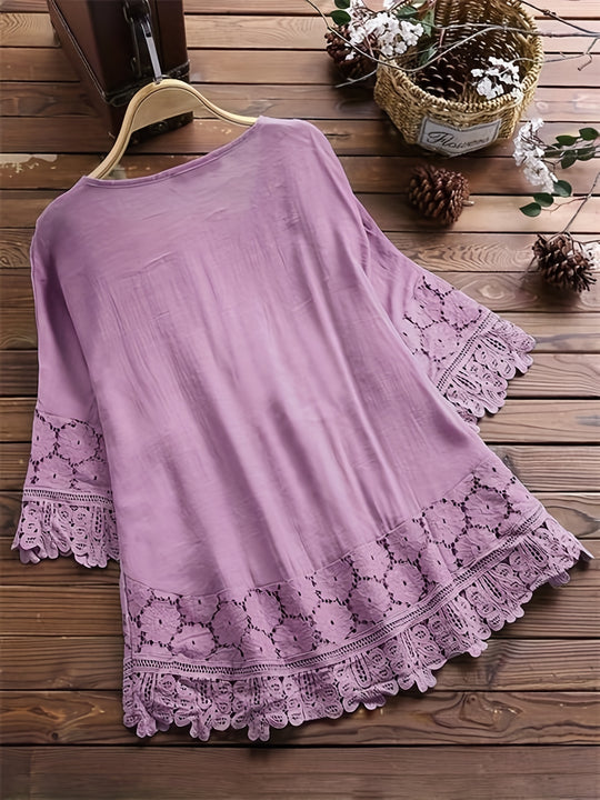 Plus Size Floral Applique Lace Blouse