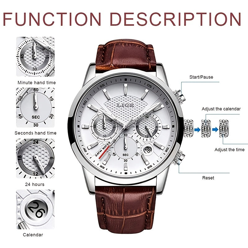 Luxury Leather Watch with Quartz Chronograph for Men