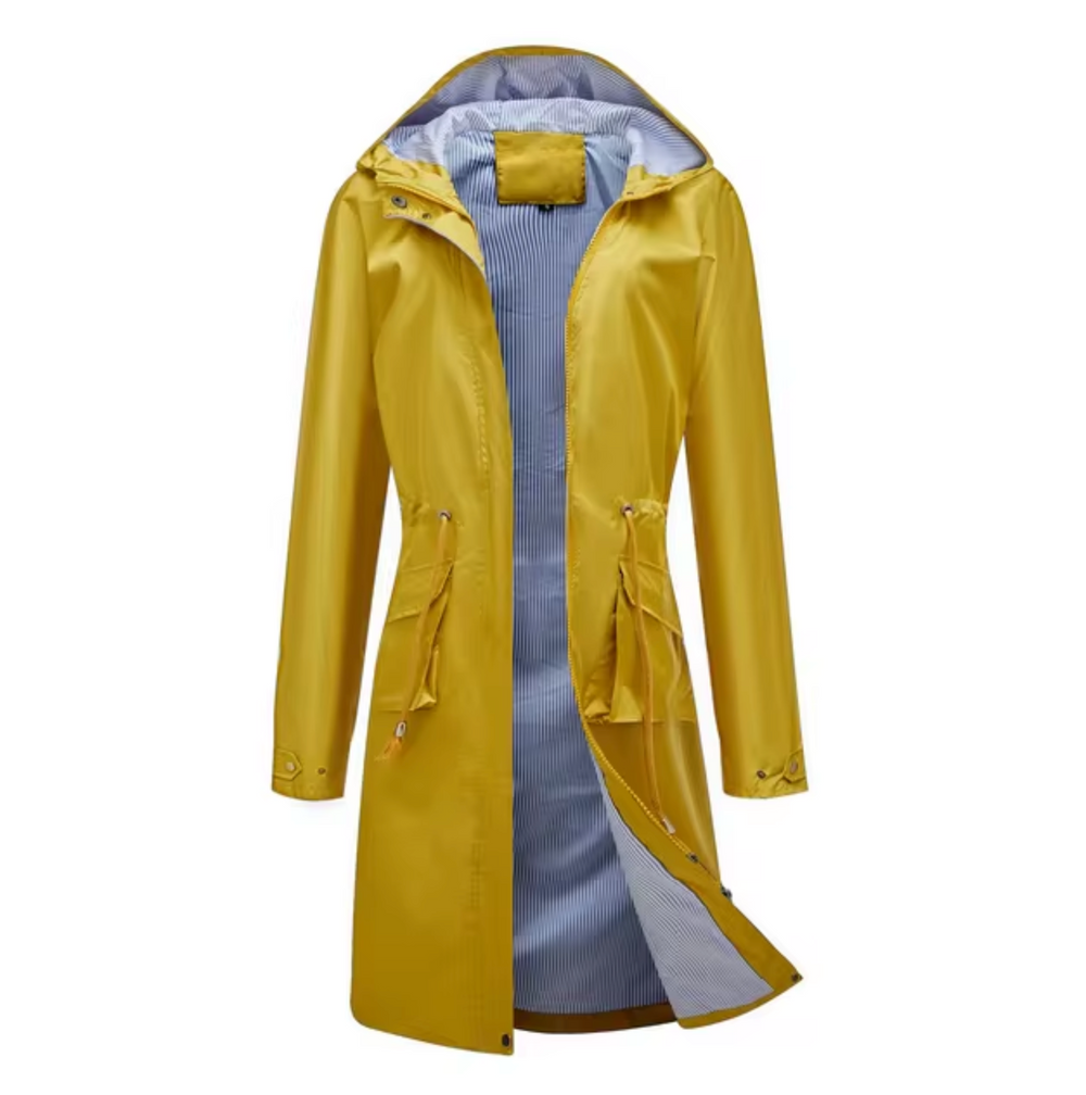 Waterproof jacket with hood and drawstring for women