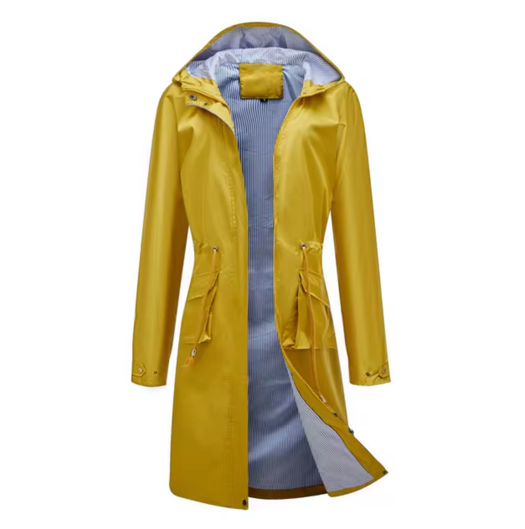 Waterproof jacket with hood and drawstring for women