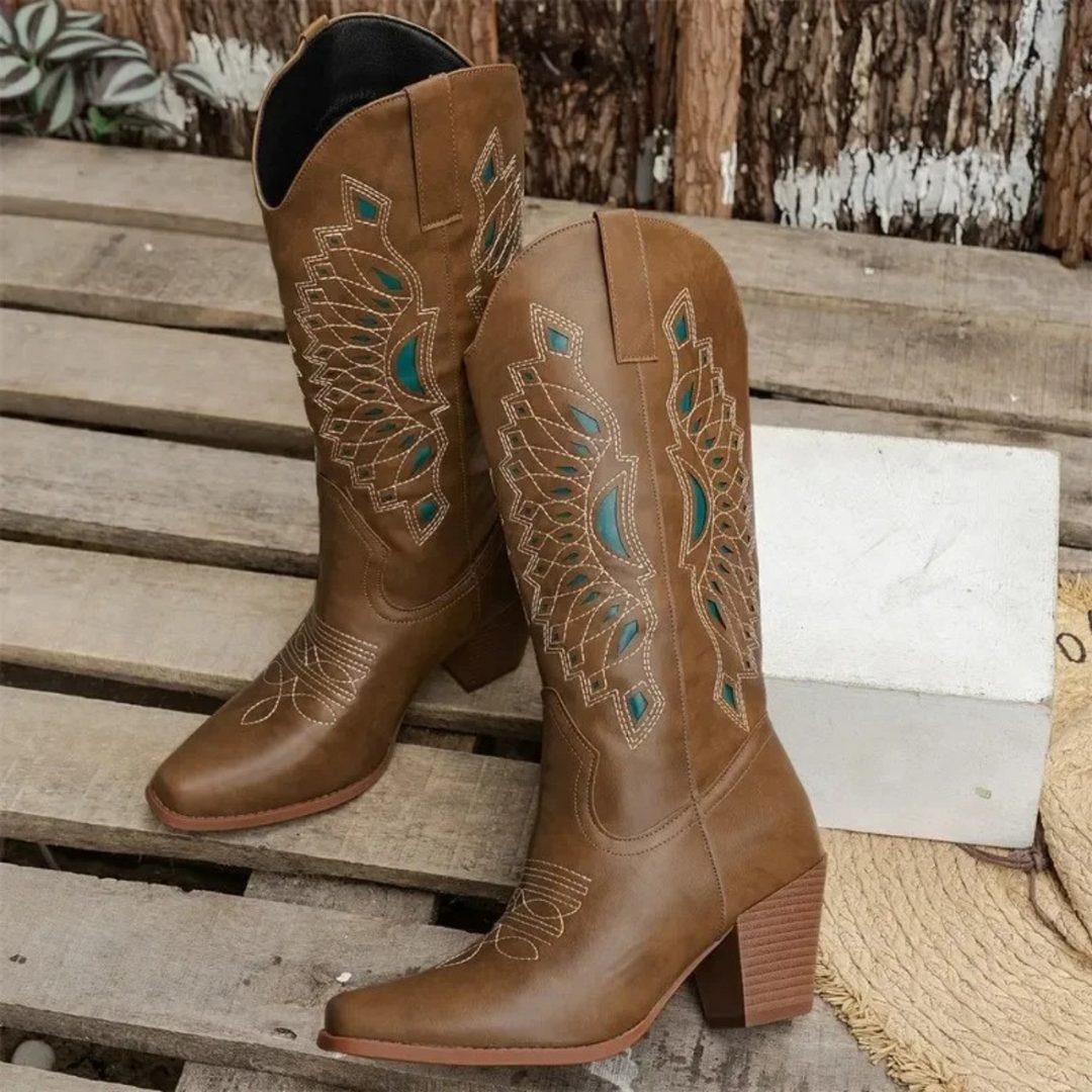 Embroidered mid-calf boots