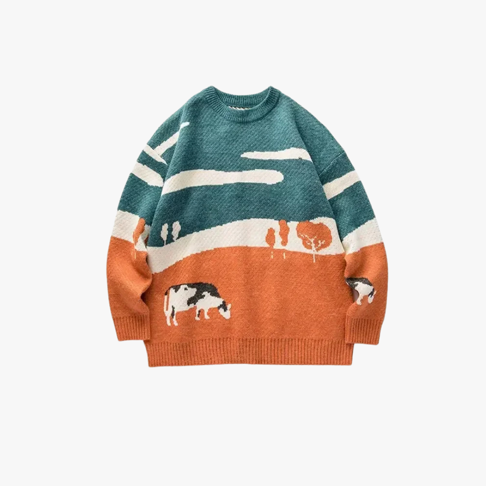 Vintage Cow Print Sweater for Men 