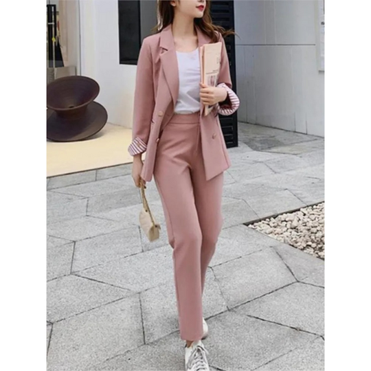 Pink Blue Black Blazer and Pants in Office Style