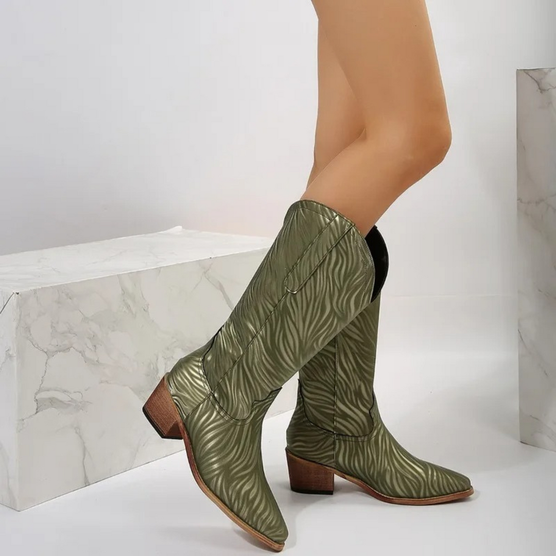 Printed brown leather boots for women