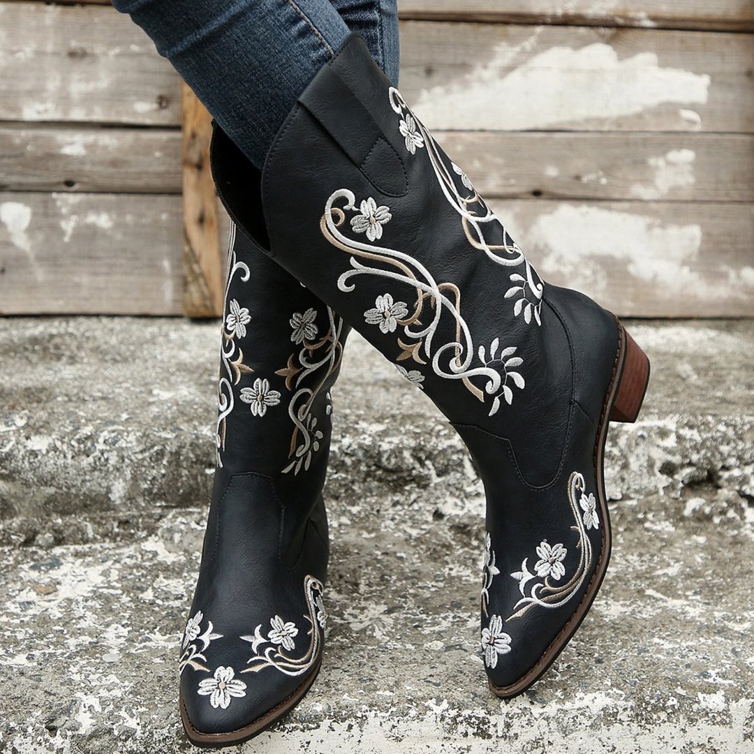 Floral embroidered leather women's boots