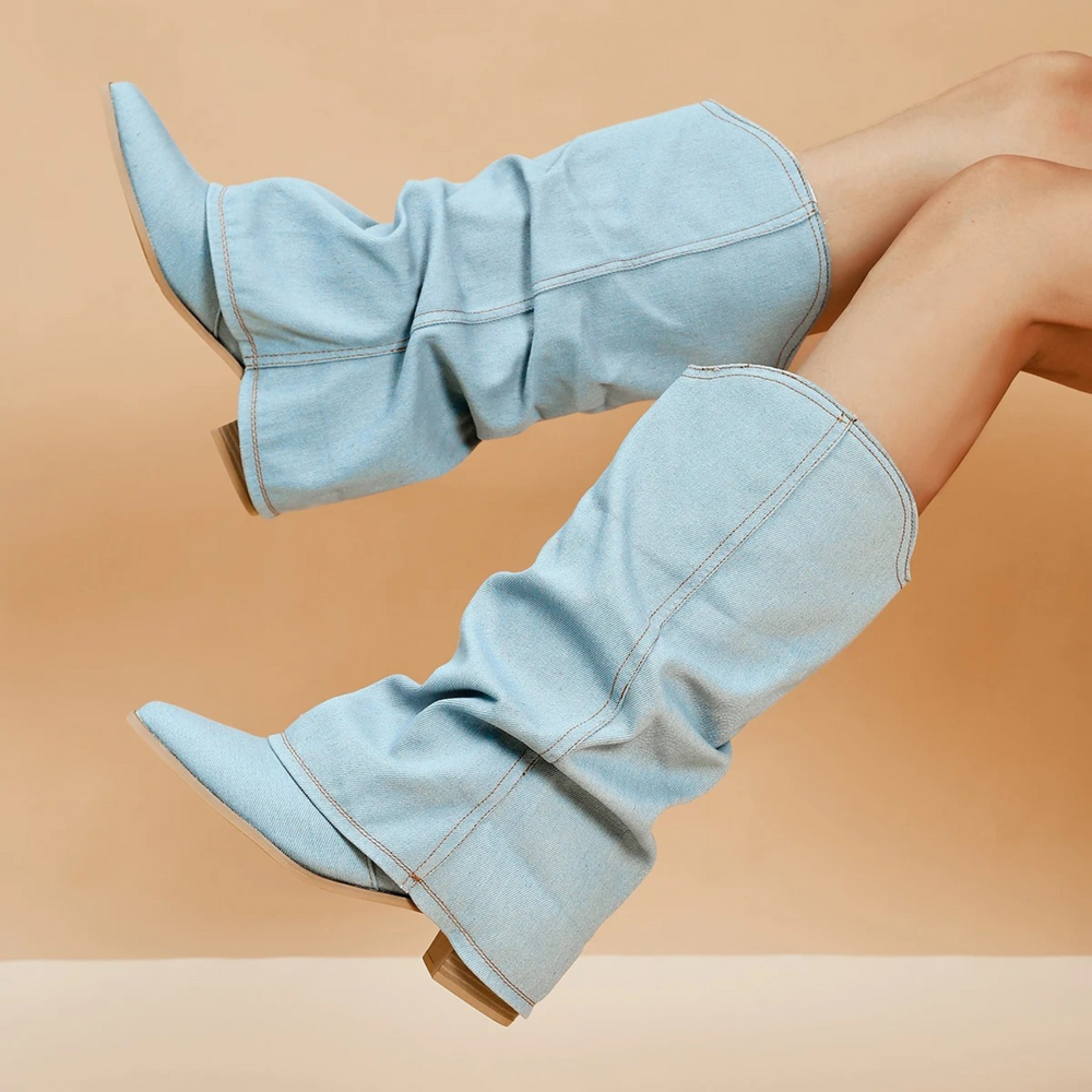 Folded denim block heel boots