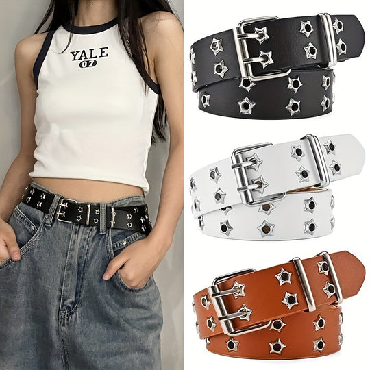 Star Eyelet Double Pin Buckle Belt