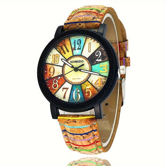 Fashion Flower Dial Wood Grain Ladies Watch