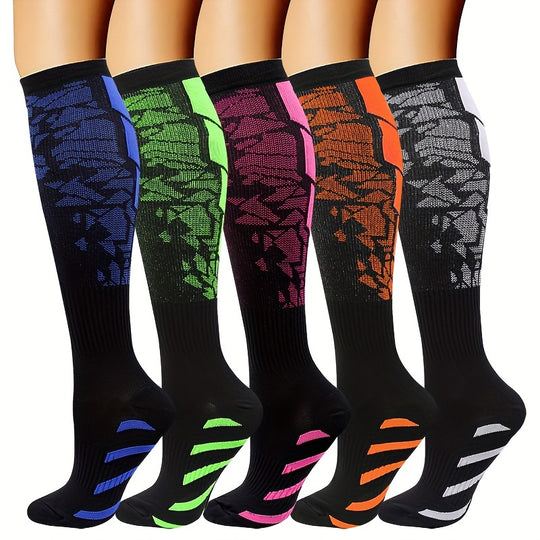 5 pairs of color blocking compression sports socks