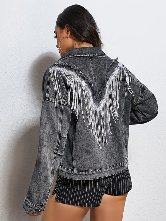 Damen Quasten Pailletten Denim Jacke