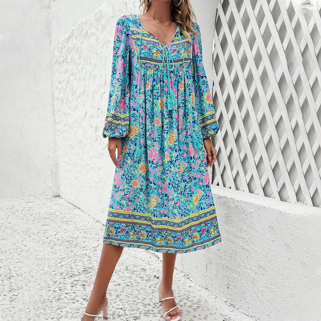 dress with floral pattern and tassels