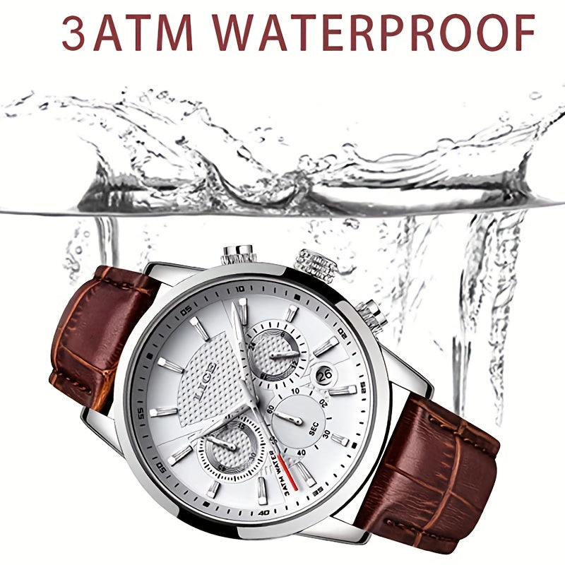 Luxury Leather Watch with Quartz Chronograph for Men