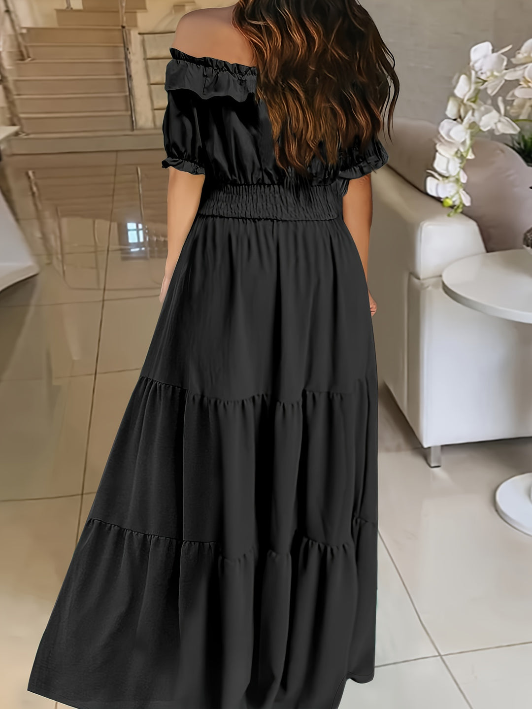 Elegant off-the-shoulder maxi dress with ruffle trim