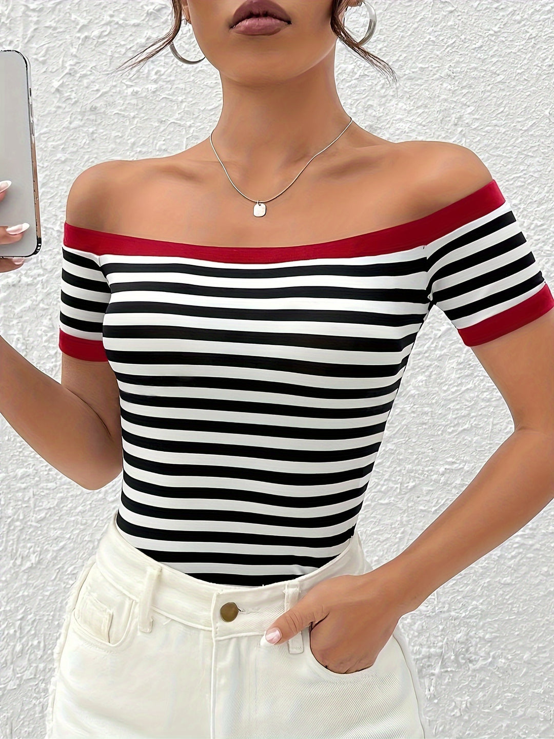 Striped Off-Shoulder T-Shirt with Print