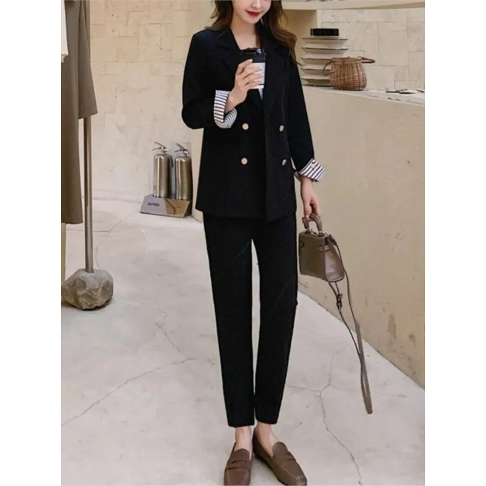 Pink Blue Black Blazer and Pants in Office Style