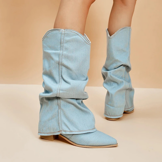 Folded denim block heel boots