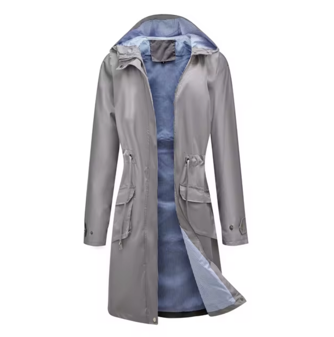 Waterproof jacket with hood and drawstring for women