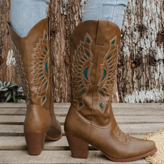 Embroidered mid-calf boots