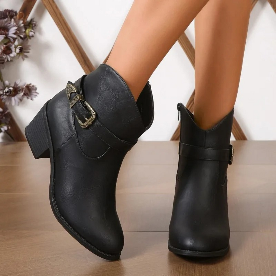 leather boots with metal buckle for women