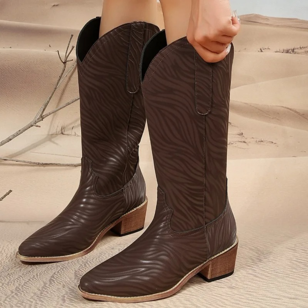 Printed brown leather boots for women