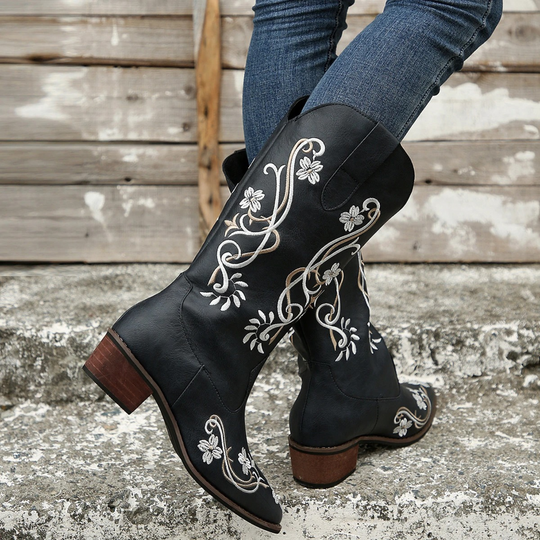 Floral embroidered leather women's boots