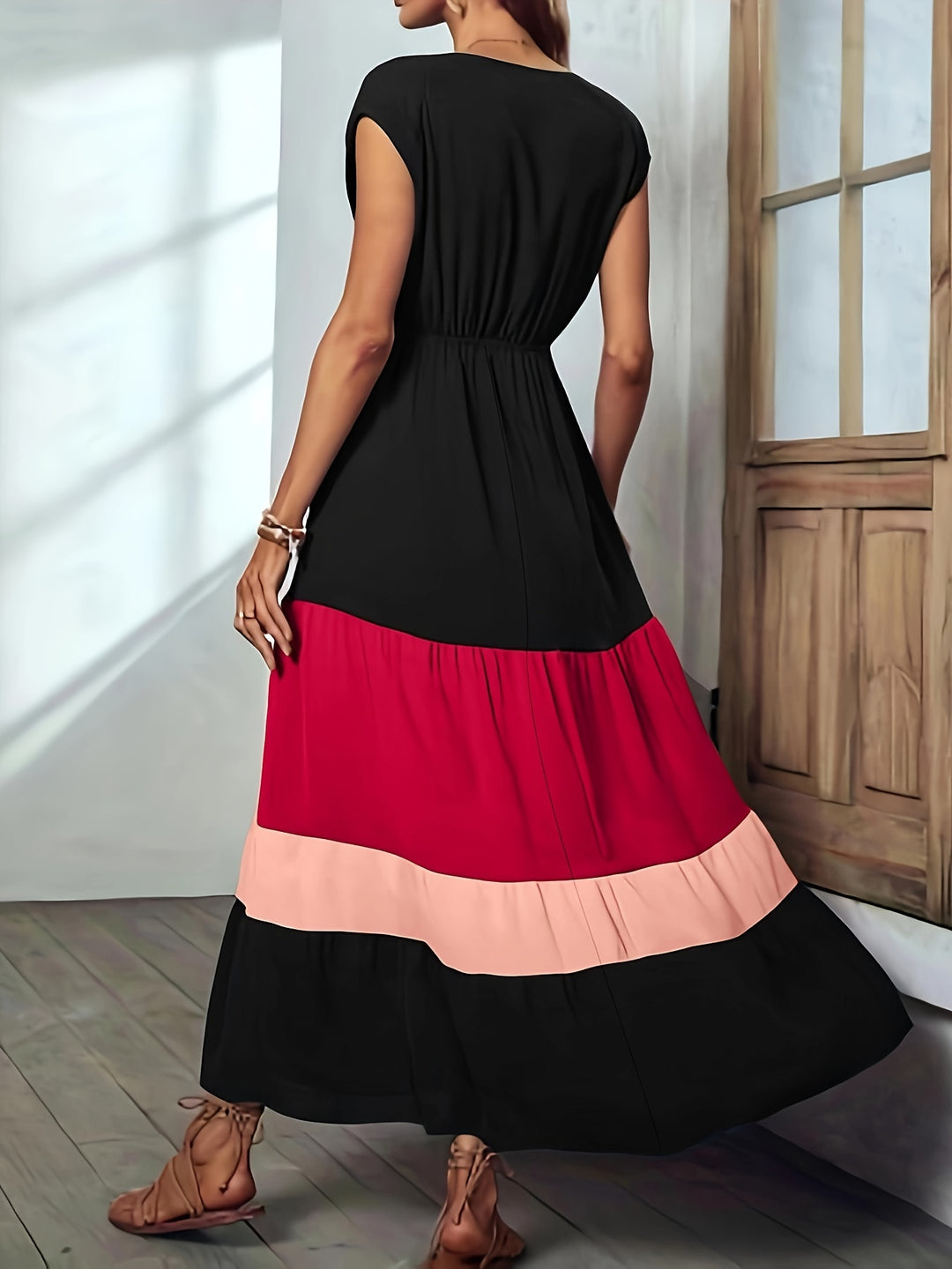 Elegant color block maxi dress with wrap neckline