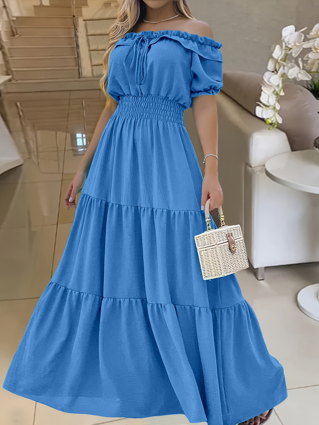 Elegant off-the-shoulder maxi dress with ruffle trim