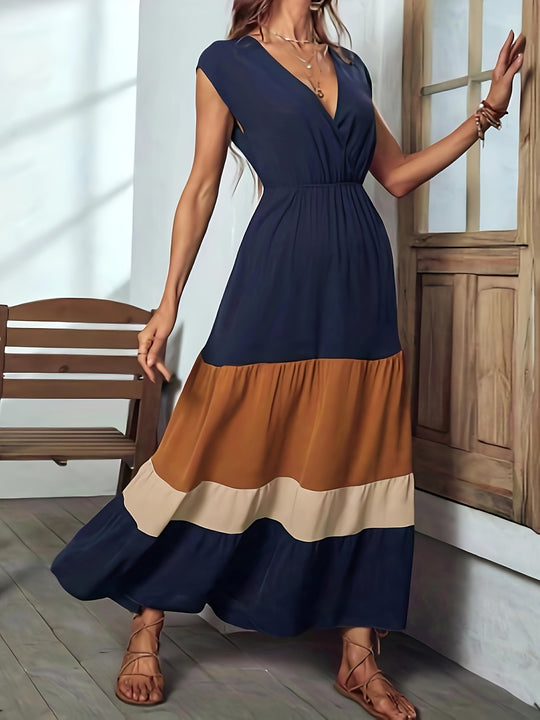 Elegant color block maxi dress with wrap neckline