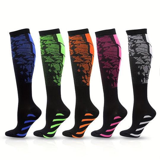 5 pairs of color blocking compression sports socks