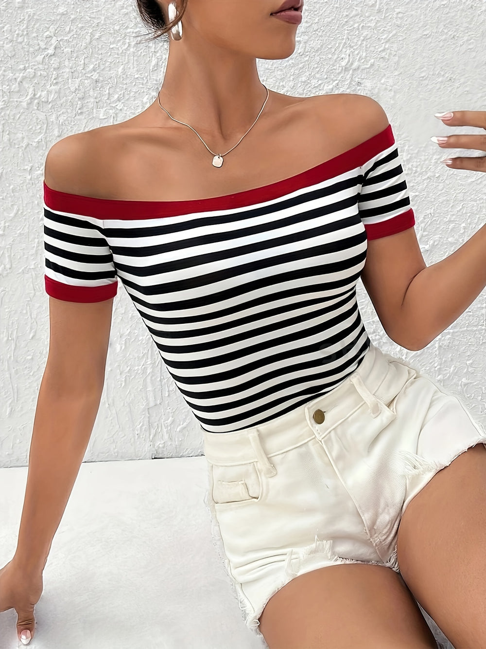 Striped Off-Shoulder T-Shirt with Print