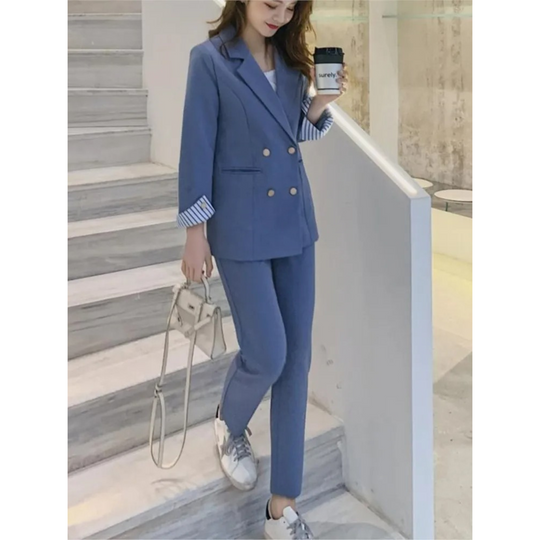 Pink Blue Black Blazer and Pants in Office Style