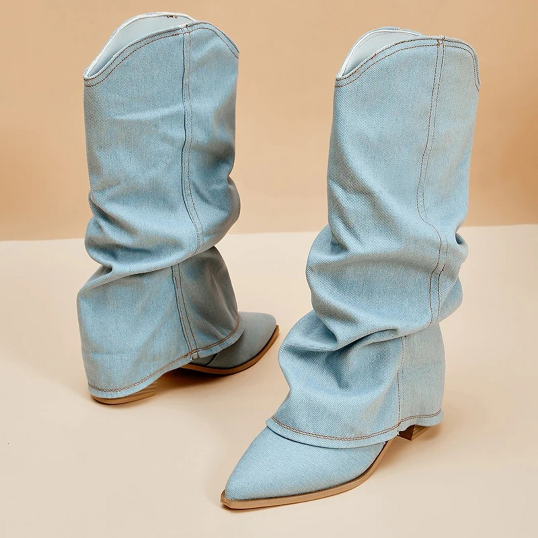 Folded denim block heel boots