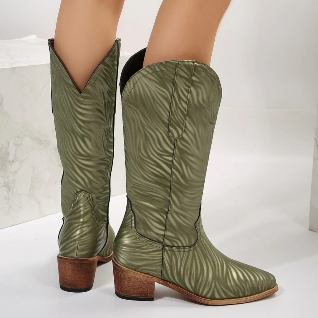 Printed brown leather boots for women