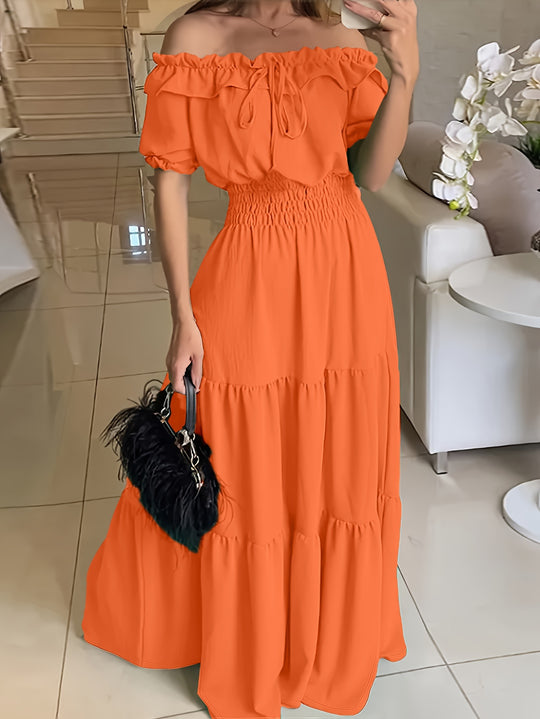 Elegant off-the-shoulder maxi dress with ruffle trim